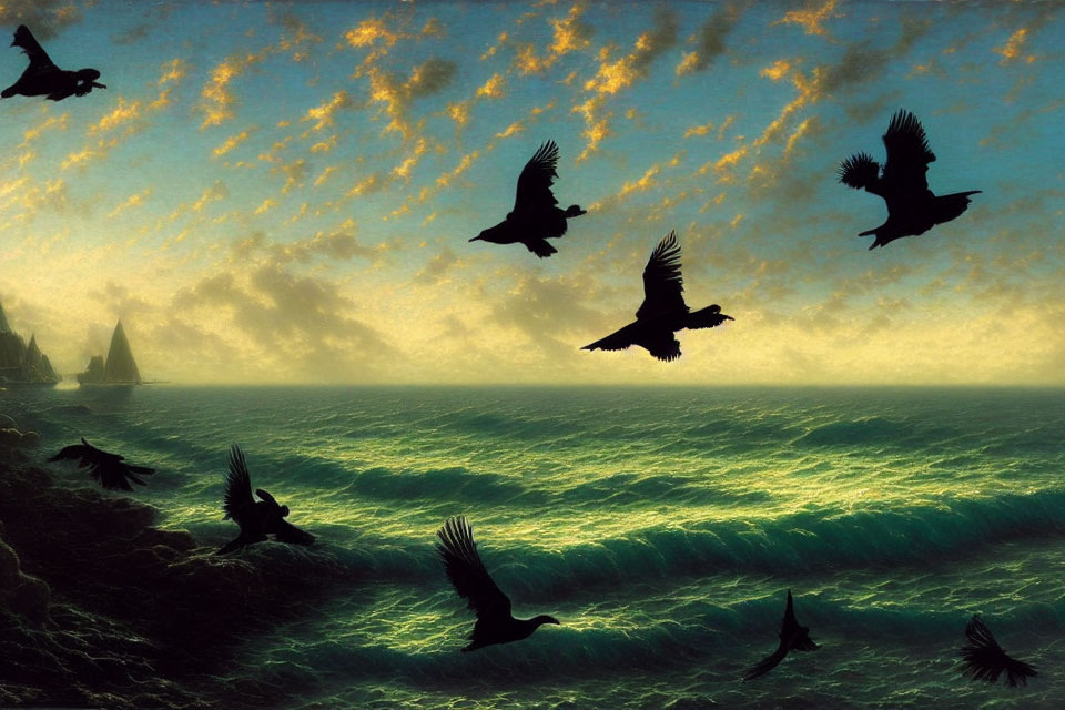 Birds flying over turbulent sea at dramatic sunset with silhouetted cliffs