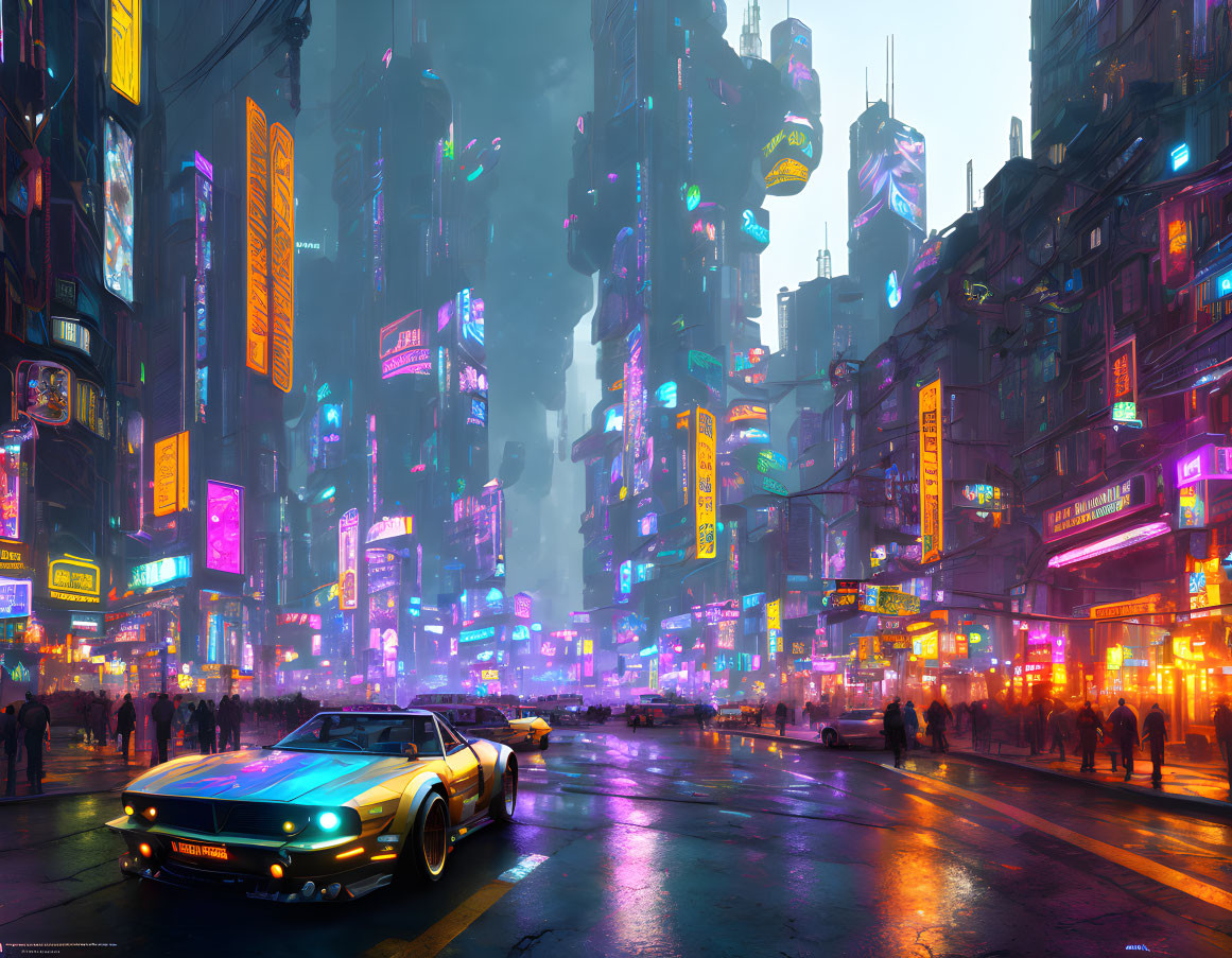 Futuristic cityscape with neon signs, classic car, pedestrians in rainy glow