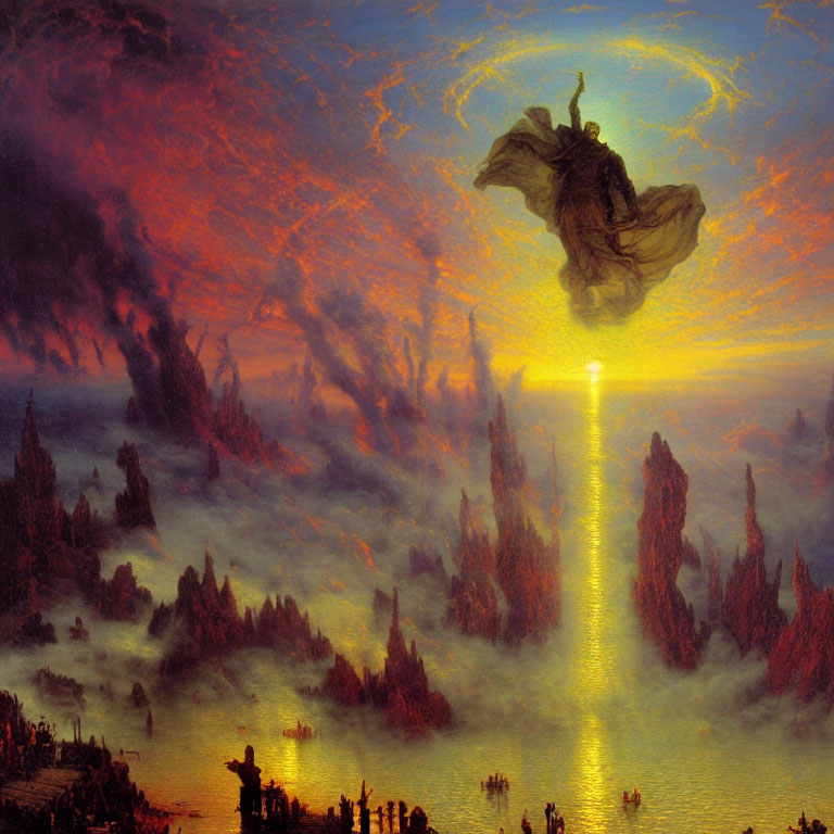 Fantastical painting: Figure in billowing robes over fiery landscape