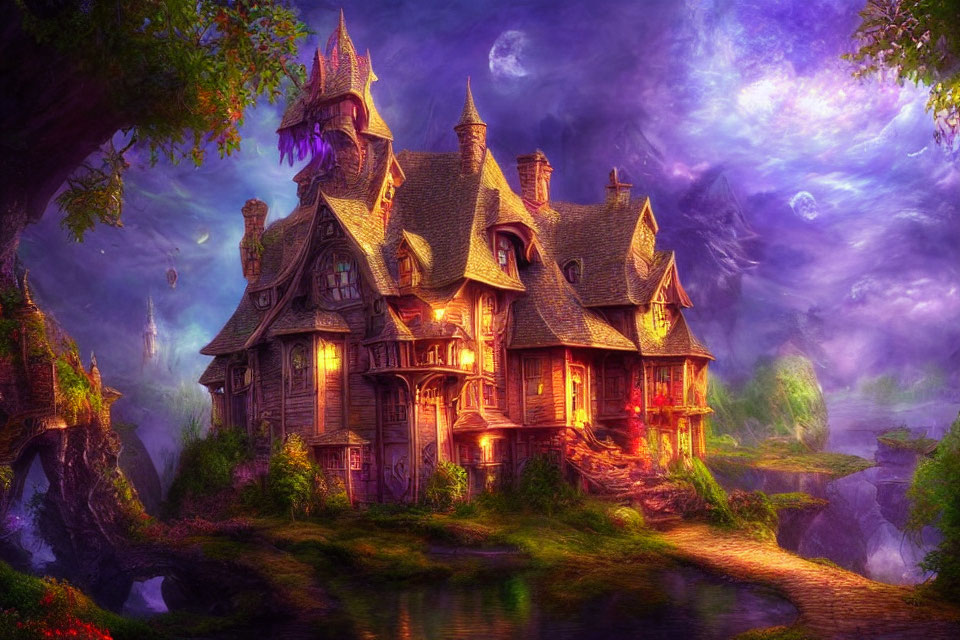 Magical mansion in lush purple landscape with swirling sky and full moon