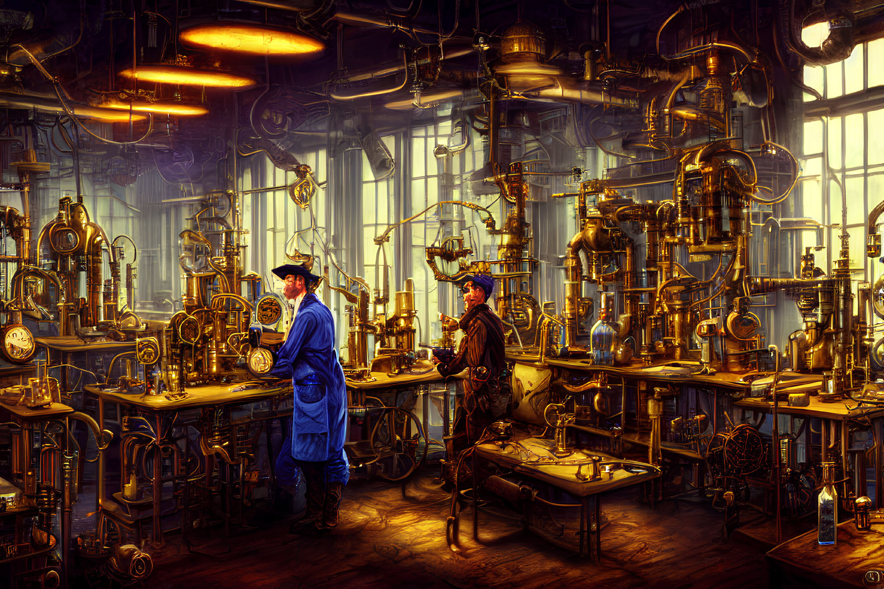 Steampunk-themed room with two individuals in historical clothing