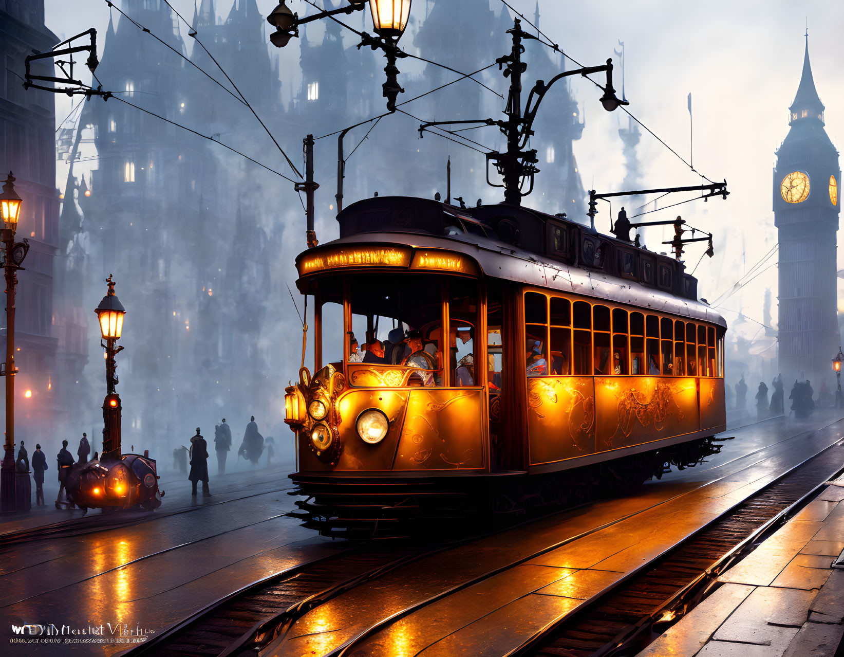 Vintage tram in misty city street with illuminated Big Ben at twilight