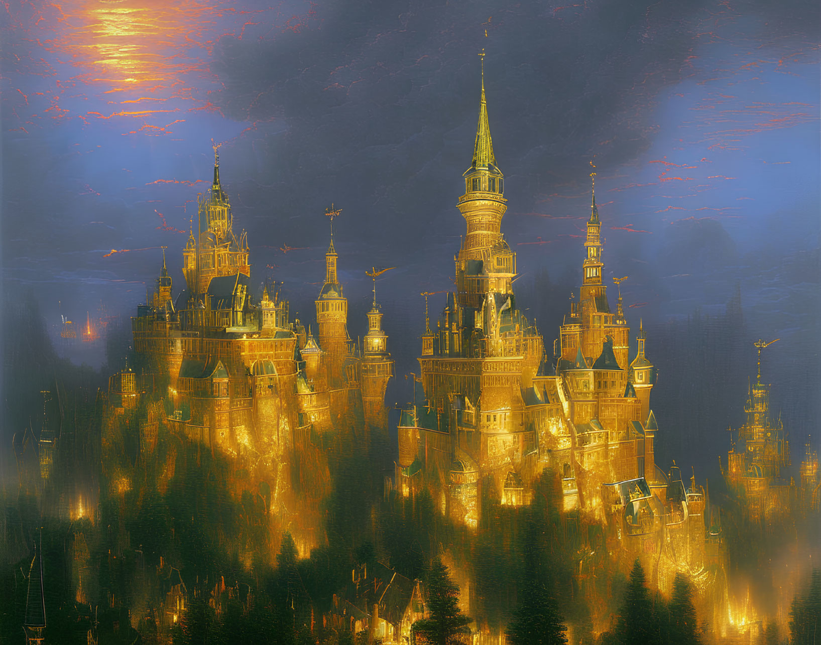 Majestic castle with illuminated spires at twilight