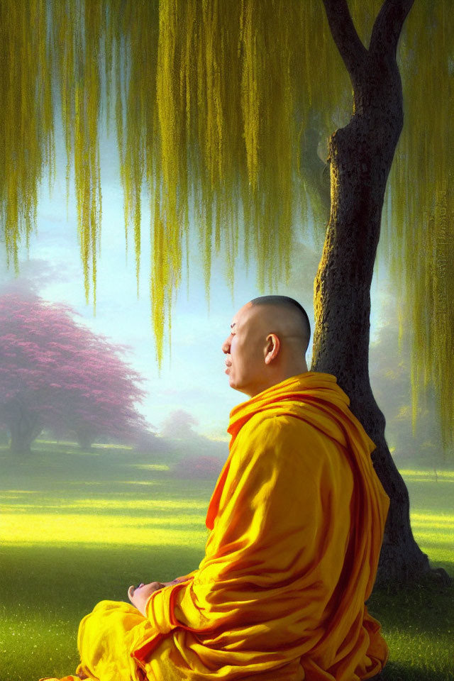 Monk in orange robes meditating under willow tree in serene landscape