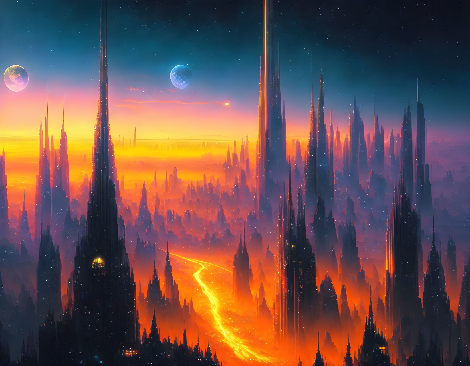 Futuristic cityscape with towering spires and lava rivers at sunset