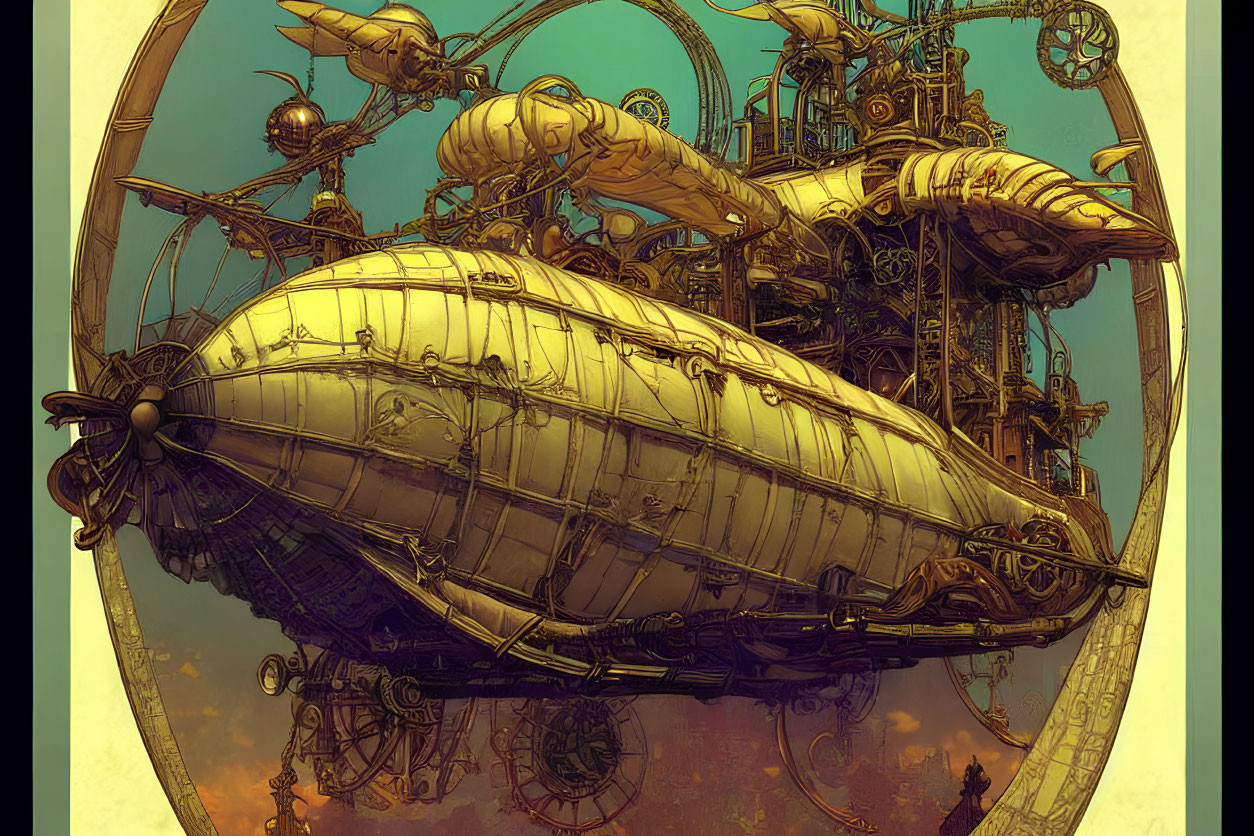 Intricate steampunk airship with gears and propeller