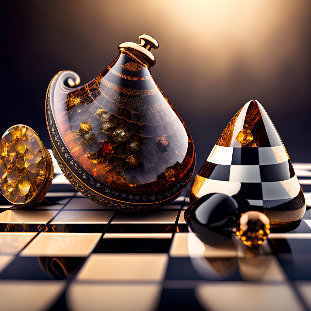 Surreal composition with oversized glass chess piece, pawn, and glowing sphere