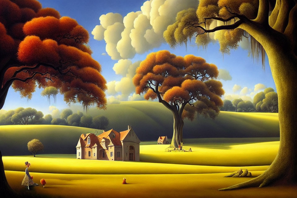 Vibrant autumn landscape with whimsical elements and figures holding a red balloon