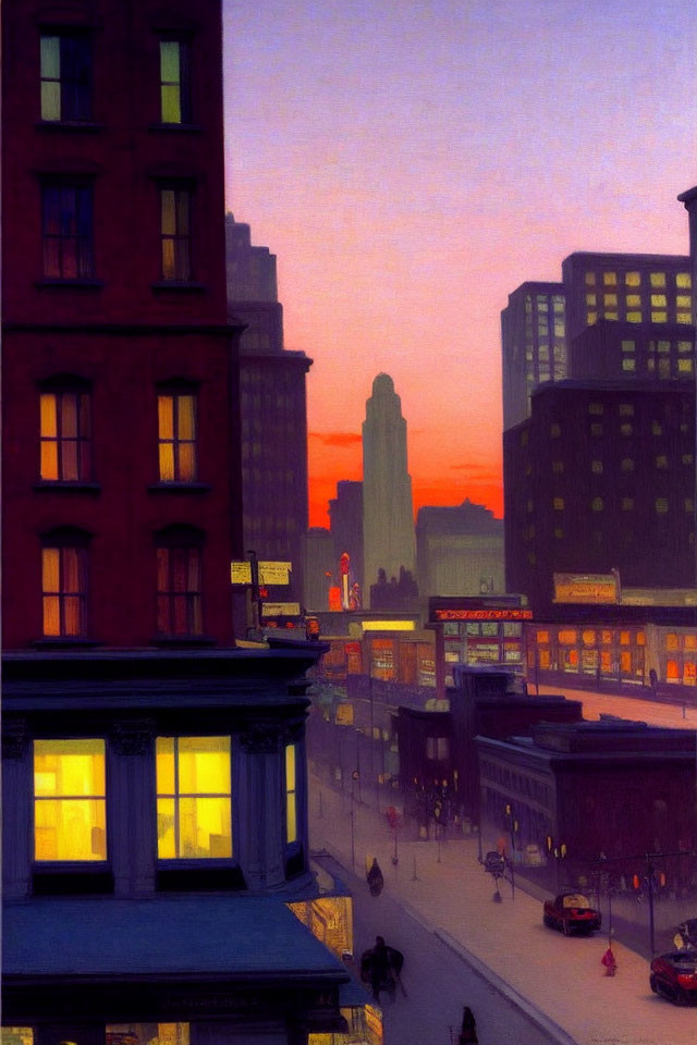 Cityscape with illuminated buildings, silhouetted skyline, and bustling streets at twilight