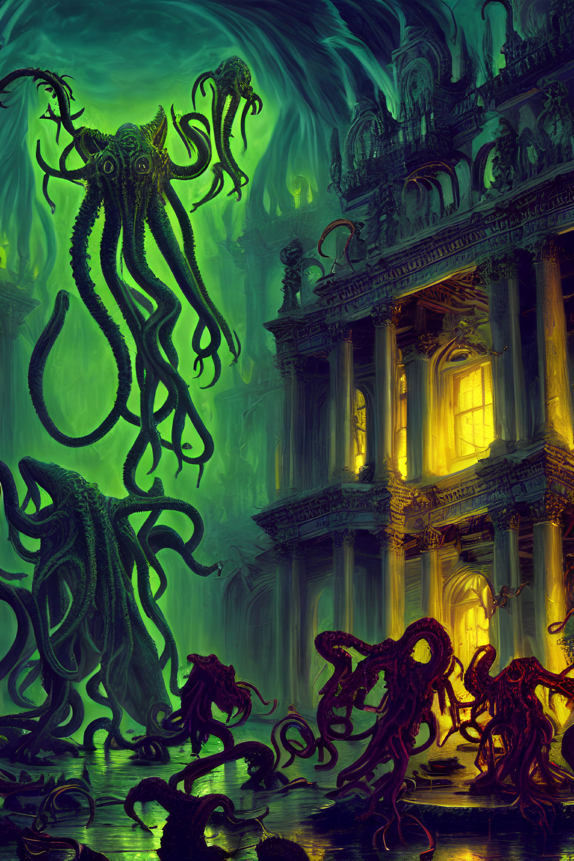 Surreal underwater scene with towering tentacled creatures and ancient ruins in eerie green and yellow light