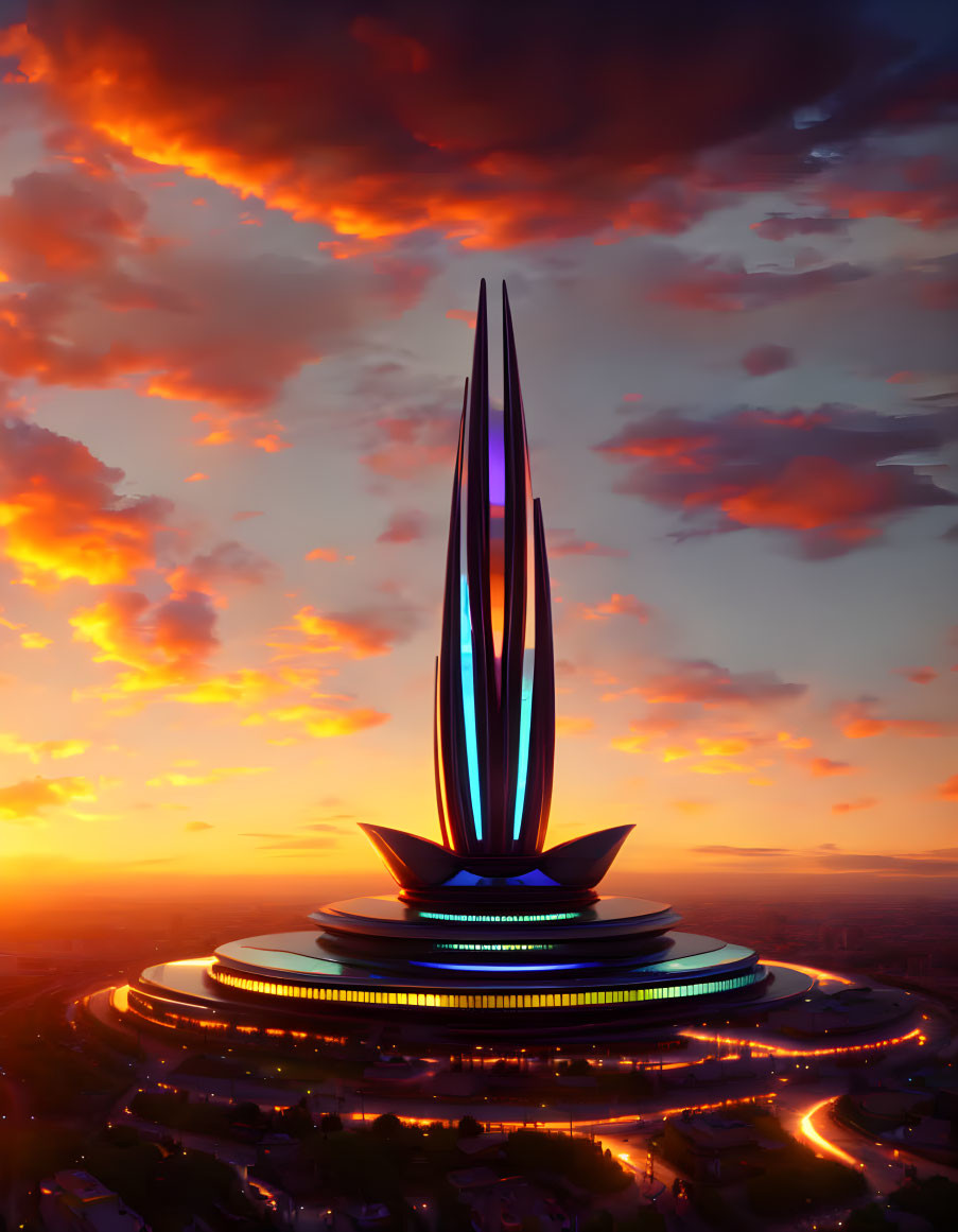 Futuristic tower with circular structures under orange and blue sunset sky