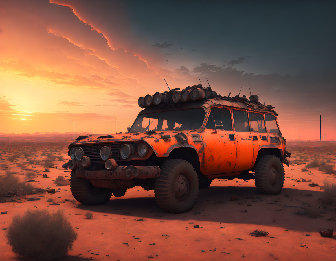 Weathered Orange Off-Road Vehicle in Desert Sunset