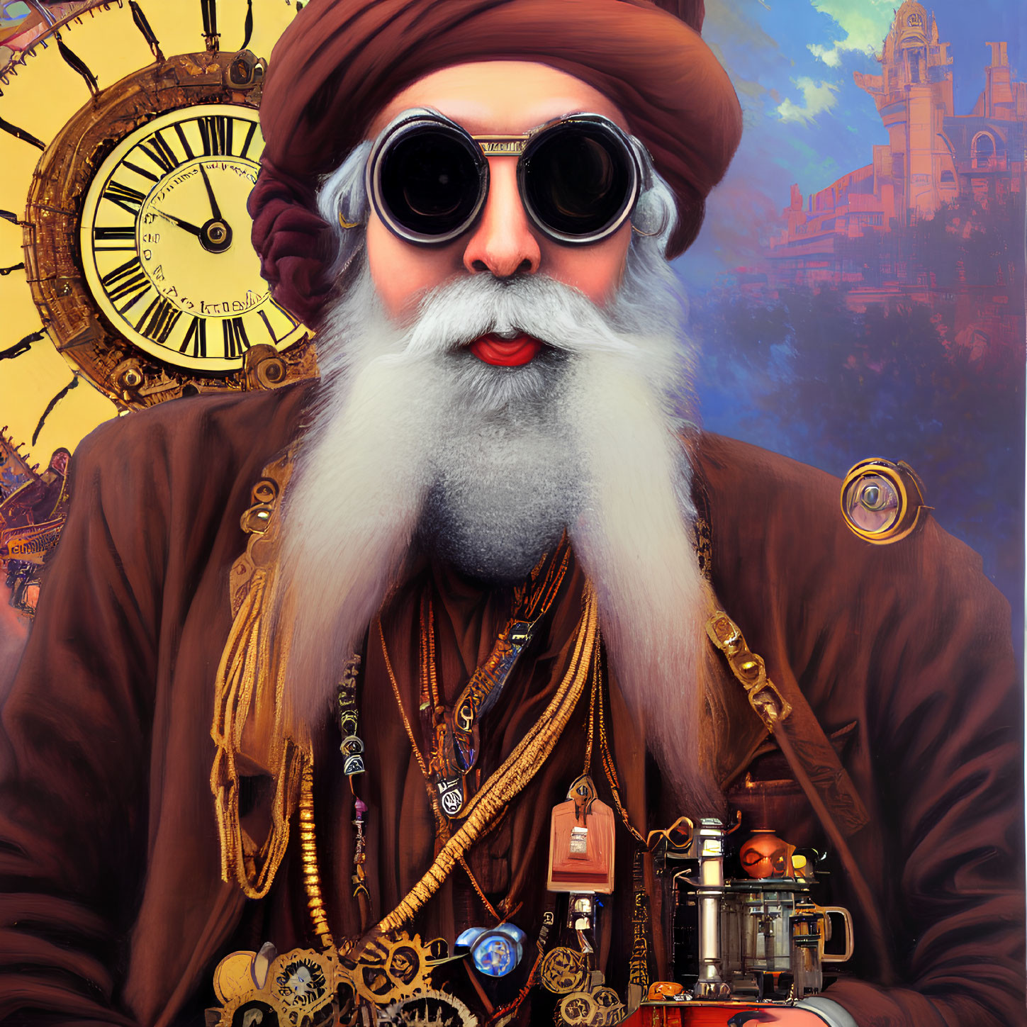 Steampunk elder with goggles, gears, clocks, and pocket watch against vintage backdrop.