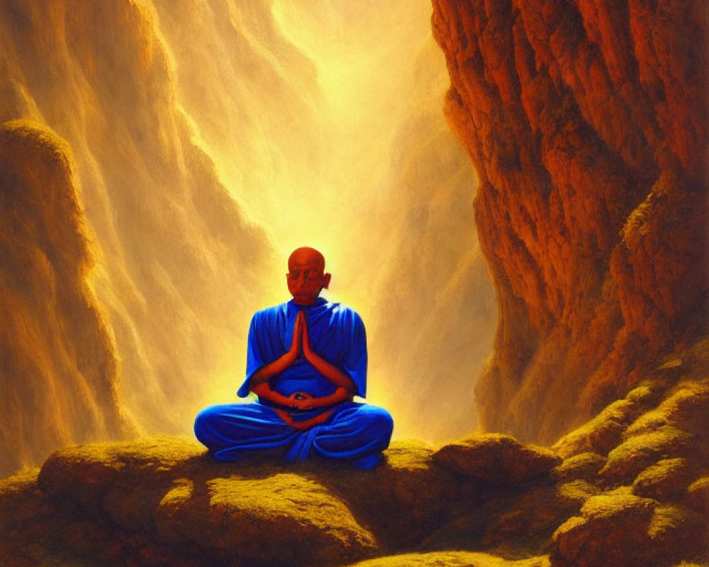 Monk in Blue Robes Meditating in Sunlit Canyon