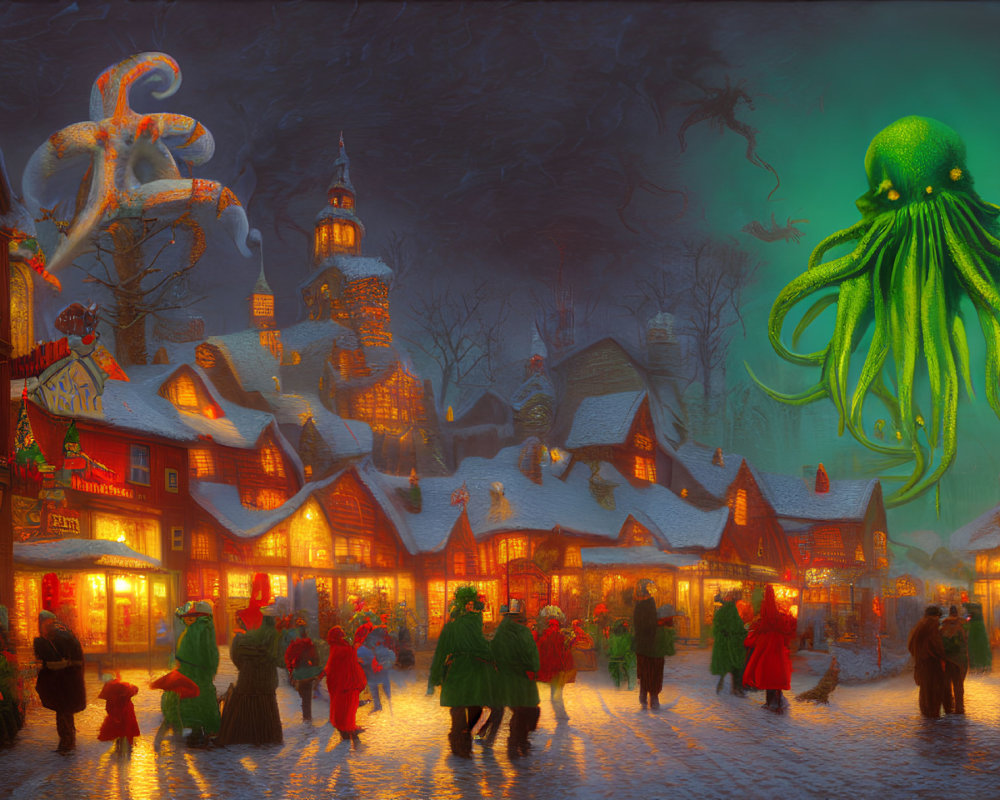 Snowy village at dusk with people and giant octopus-like creature