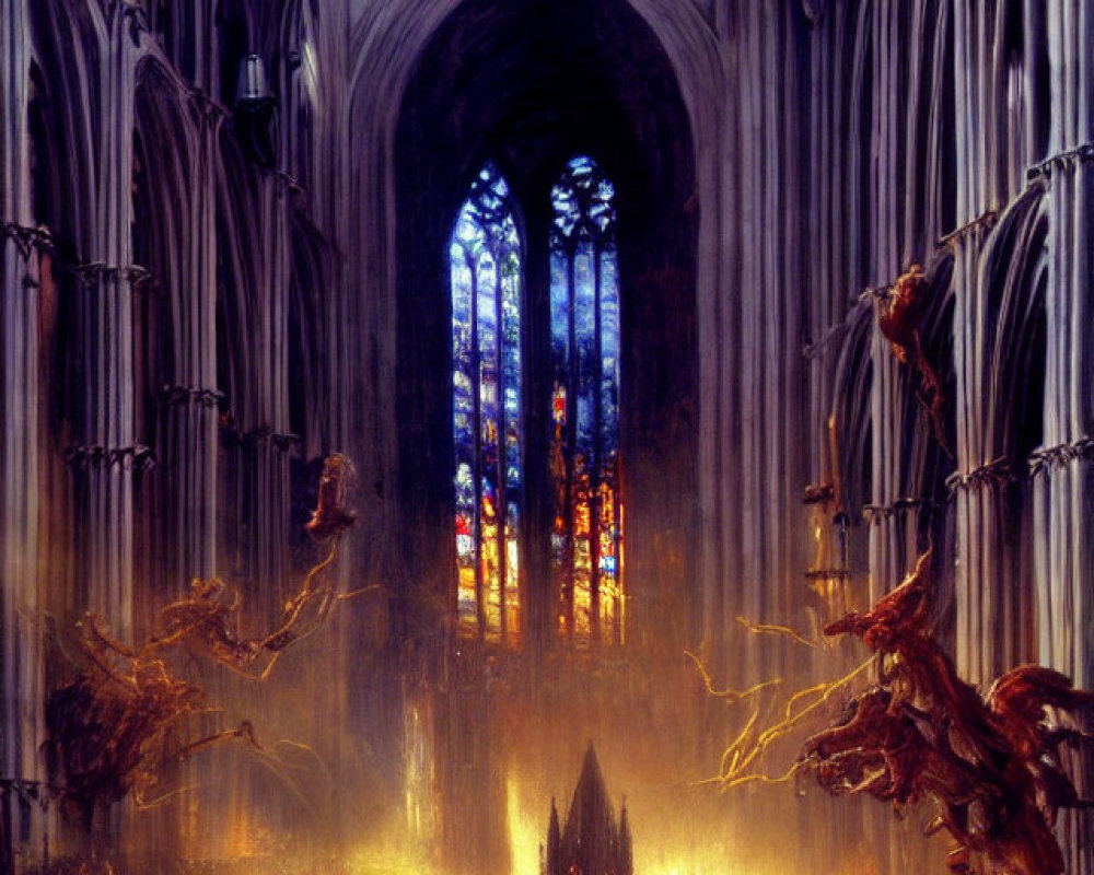 Gothic Cathedral Interior with Fantastical Landscape and Mythic Creatures