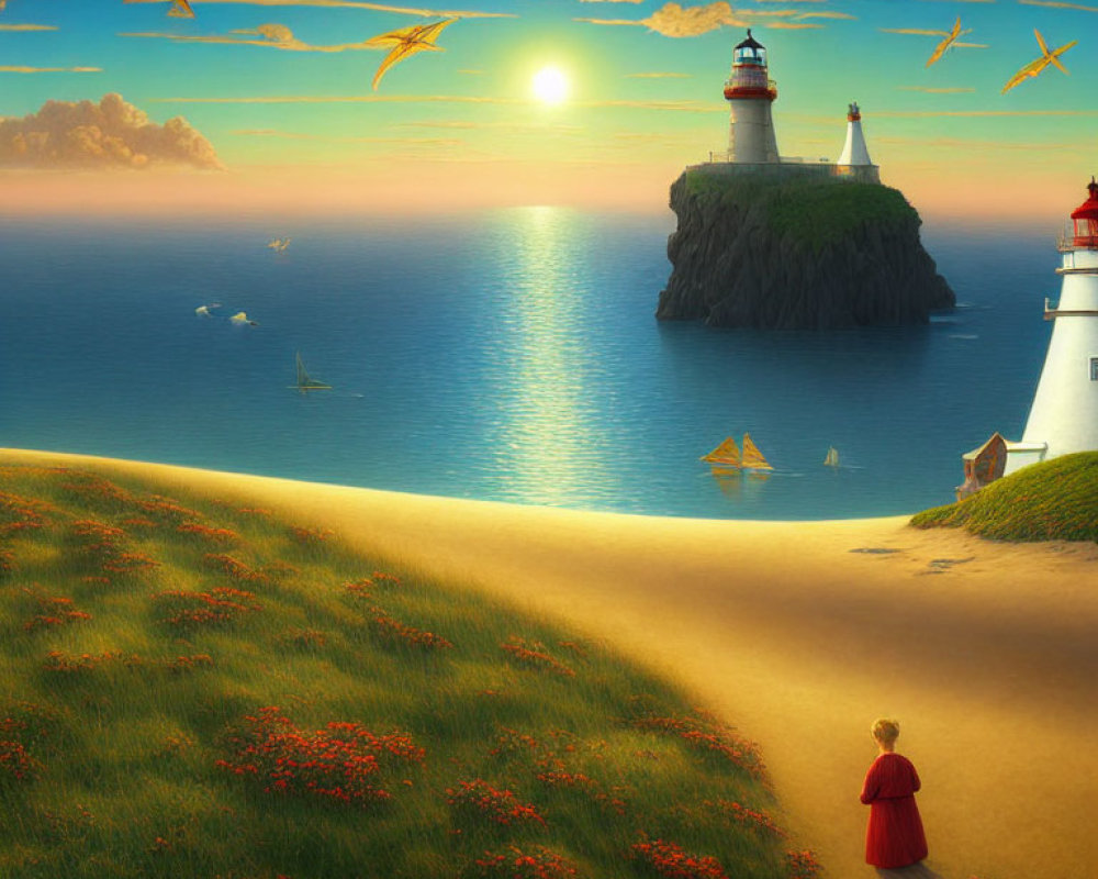 Child in Red Cloak on Hill Overlooking Sea at Sunset with Lighthouse, Boats, and