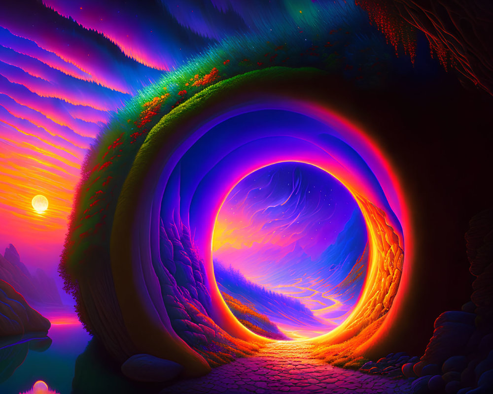 Colorful surreal landscape with spiraling pathway and starry sky