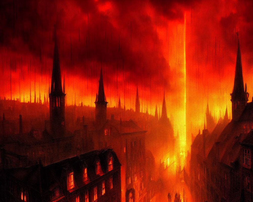 Gothic cityscape under crimson sky with fiery beams