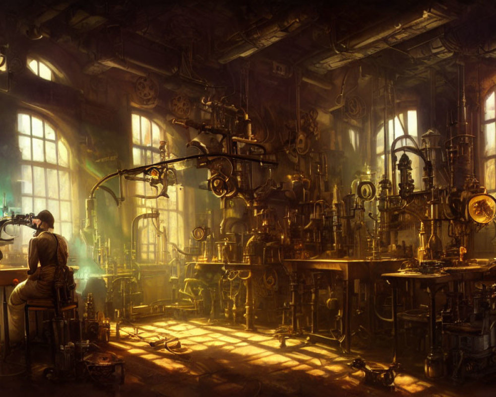 Person working surrounded by steampunk machinery in industrial workshop