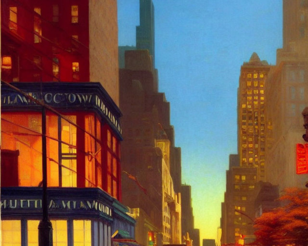 Cityscape painting at dusk with warm shop lighting, tall buildings, and autumn tree.