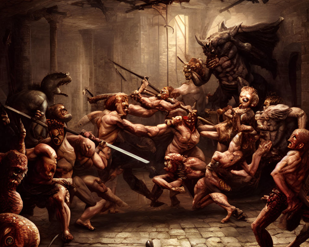 Muscular mythological warriors battling monsters in ancient stone chamber