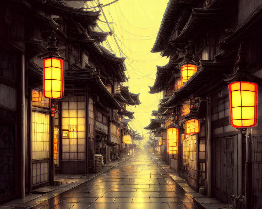 Digital artwork: Serene Asian street with historic buildings, red lanterns, misty ambiance, yellow