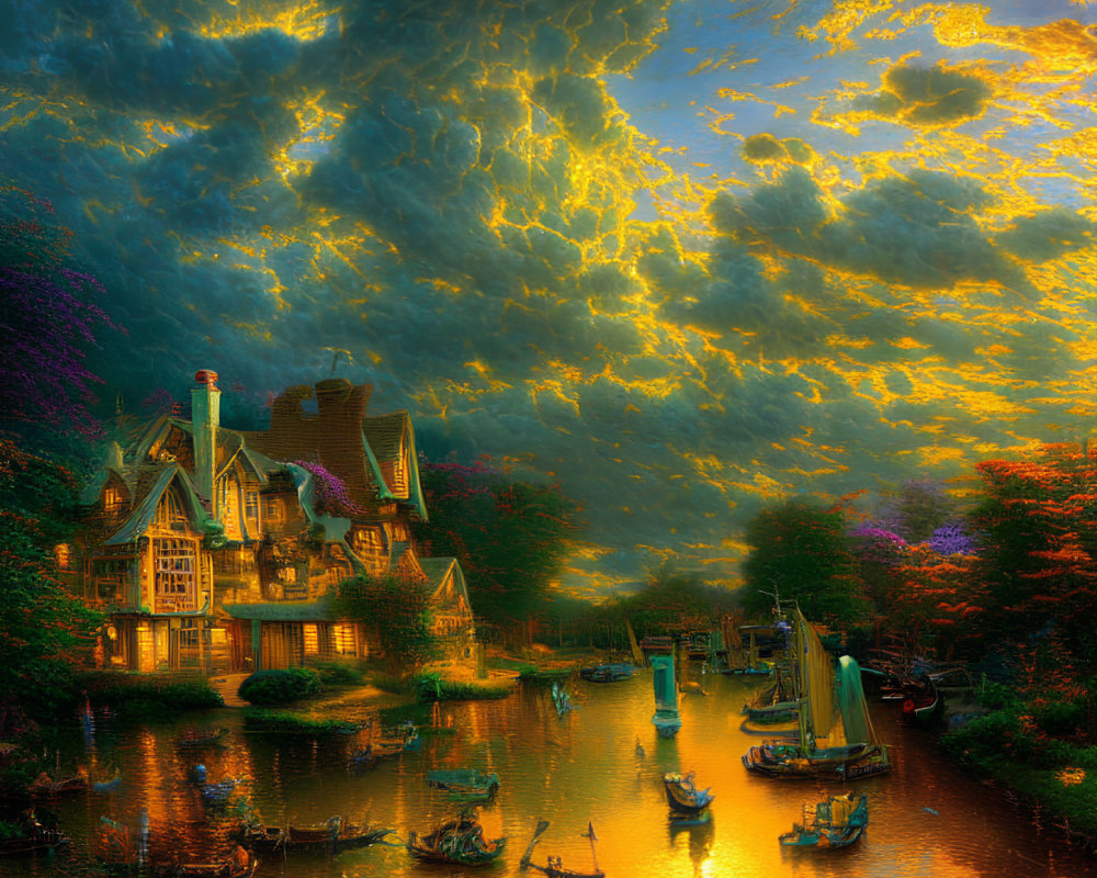 Colorful painting of riverside scene with boats and grand house under golden-lit sky