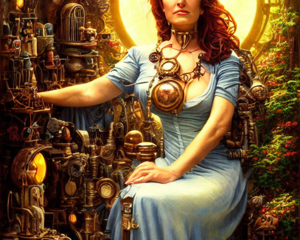 Steampunk-themed woman in blue dress surrounded by brass gears and clocks in golden-lit room