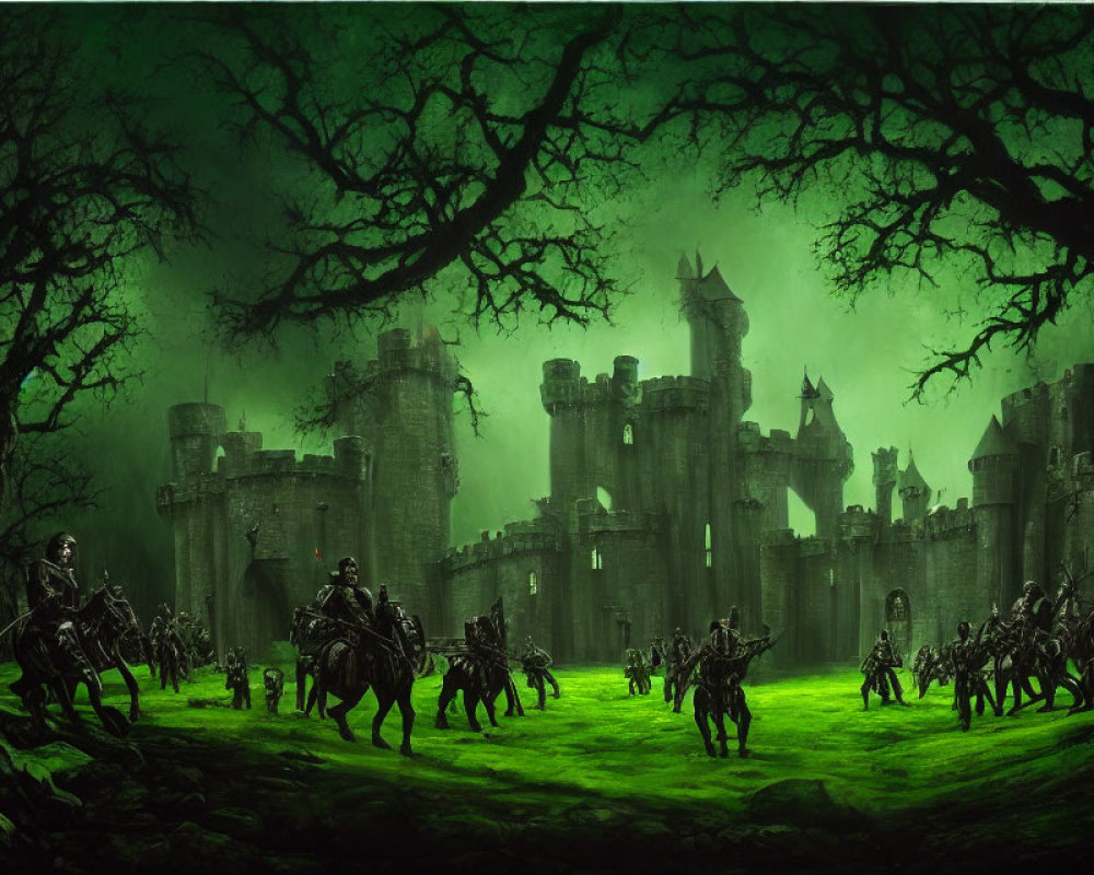 Dark Fantasy Landscape: Armored Knights, Foreboding Castle, Twisted Trees