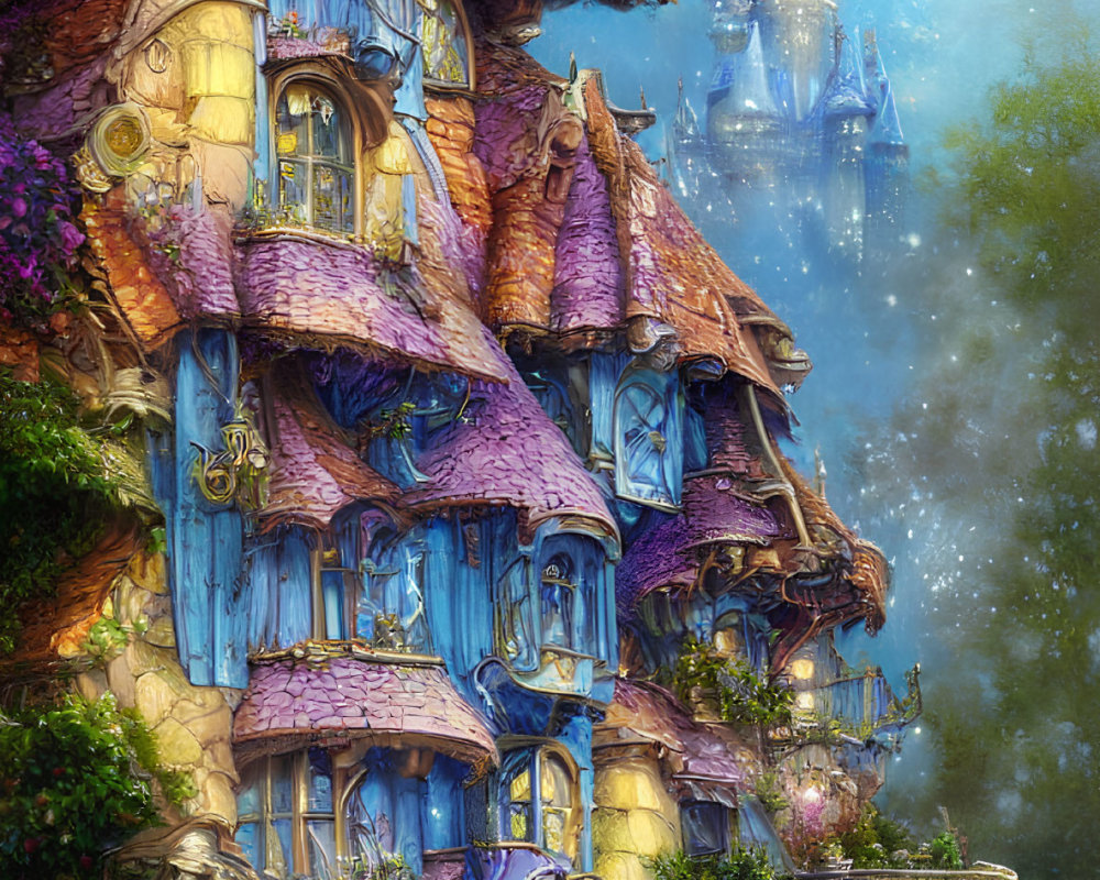 Fantasy cottage with blue roofs and teddy bear, surrounded by greenery and castle in misty