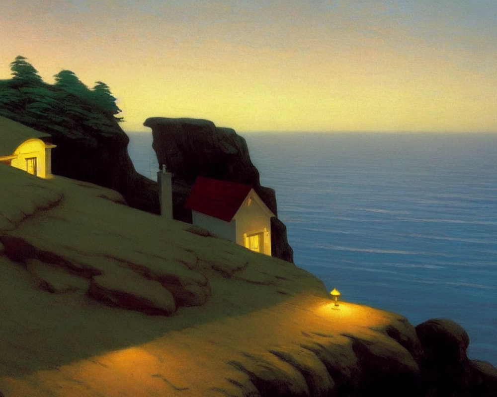 Seaside cliff at dusk with cozy house, trees, and warm light