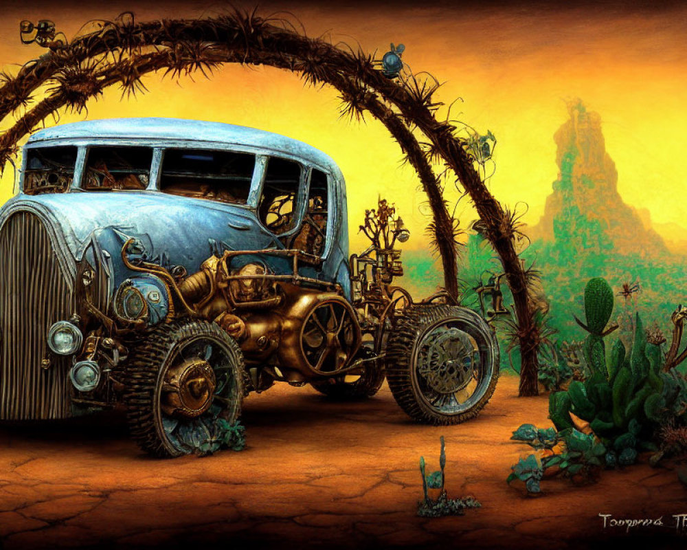 Steampunk vehicle in desert landscape with cacti and rocky outcrop