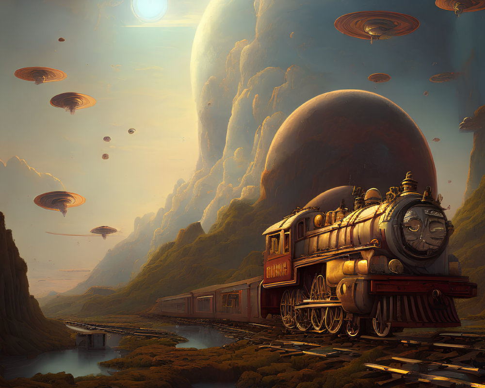 Vintage train crossing bridge in lush valley under huge planet with flying saucers.