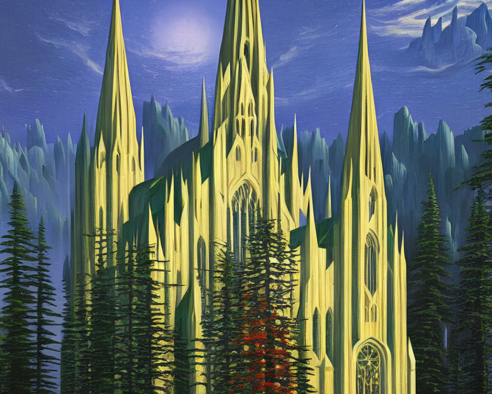 Gothic-style cathedral with evergreen trees and mountains in the background