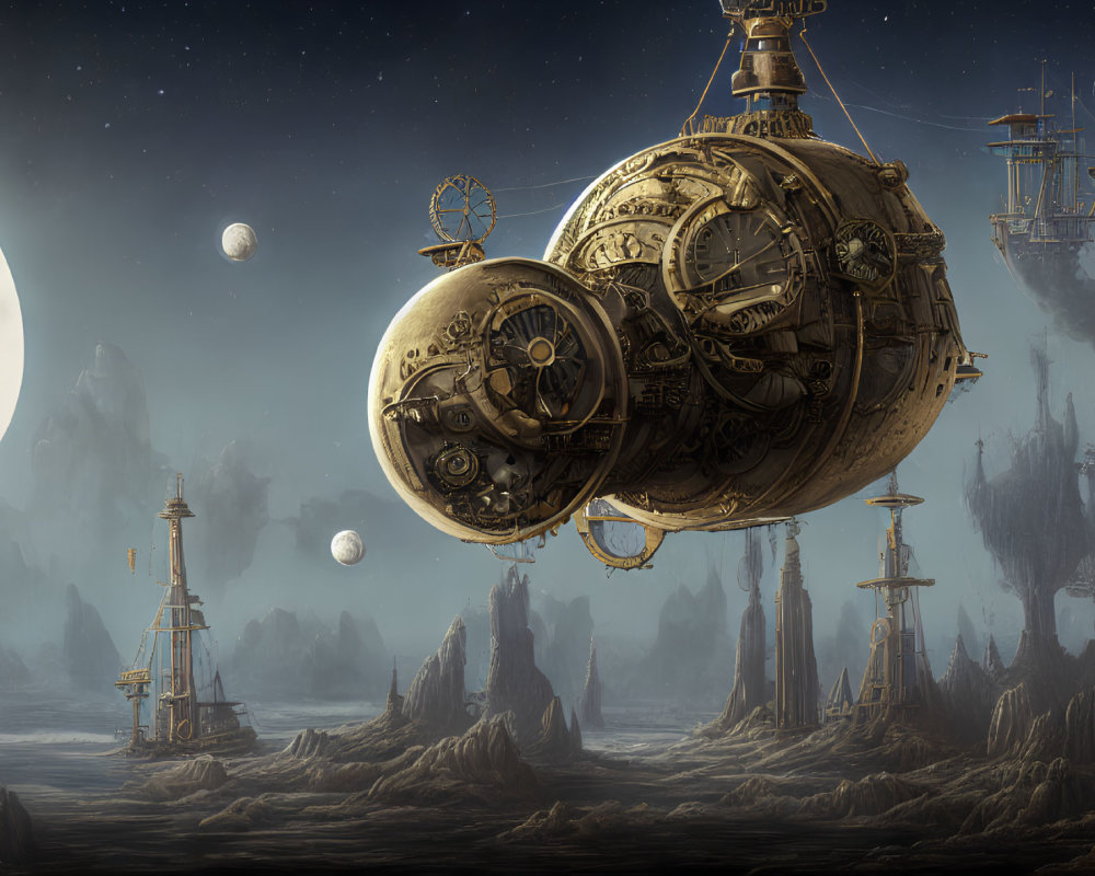 Steampunk-style spherical airship over rocky landscape at night