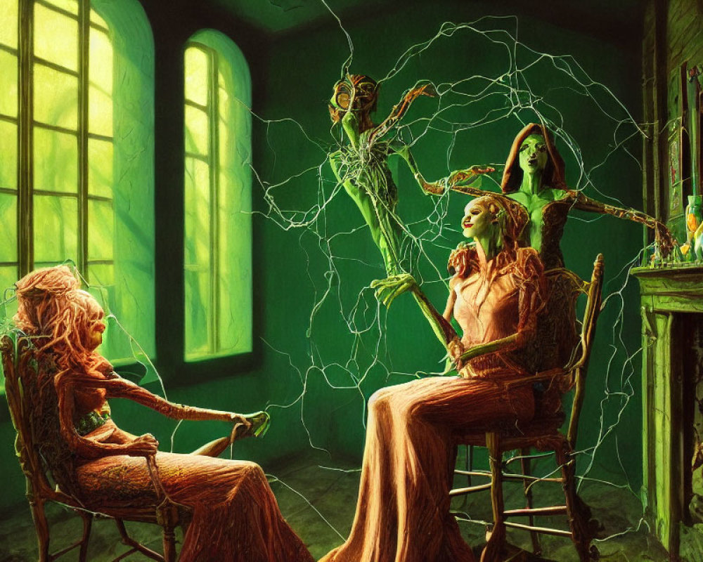 Fantastical artwork of humanoid figures with plant-like features in a green-tinted room