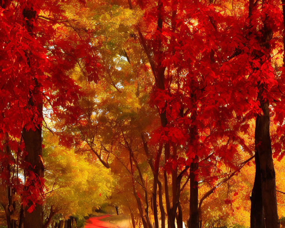 Autumn landscape with red and orange leaves, sunlit forest path