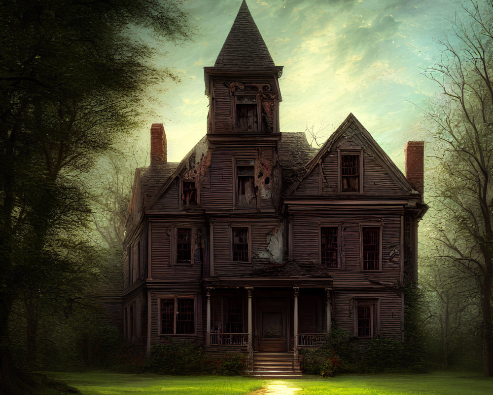 Eerie Victorian mansion with pointed tower in dense forest under cloudy sky