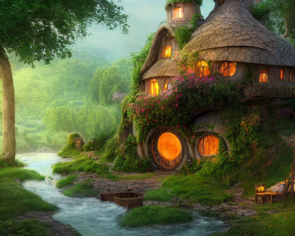 Fantasy cottage with thatched roofs by serene stream