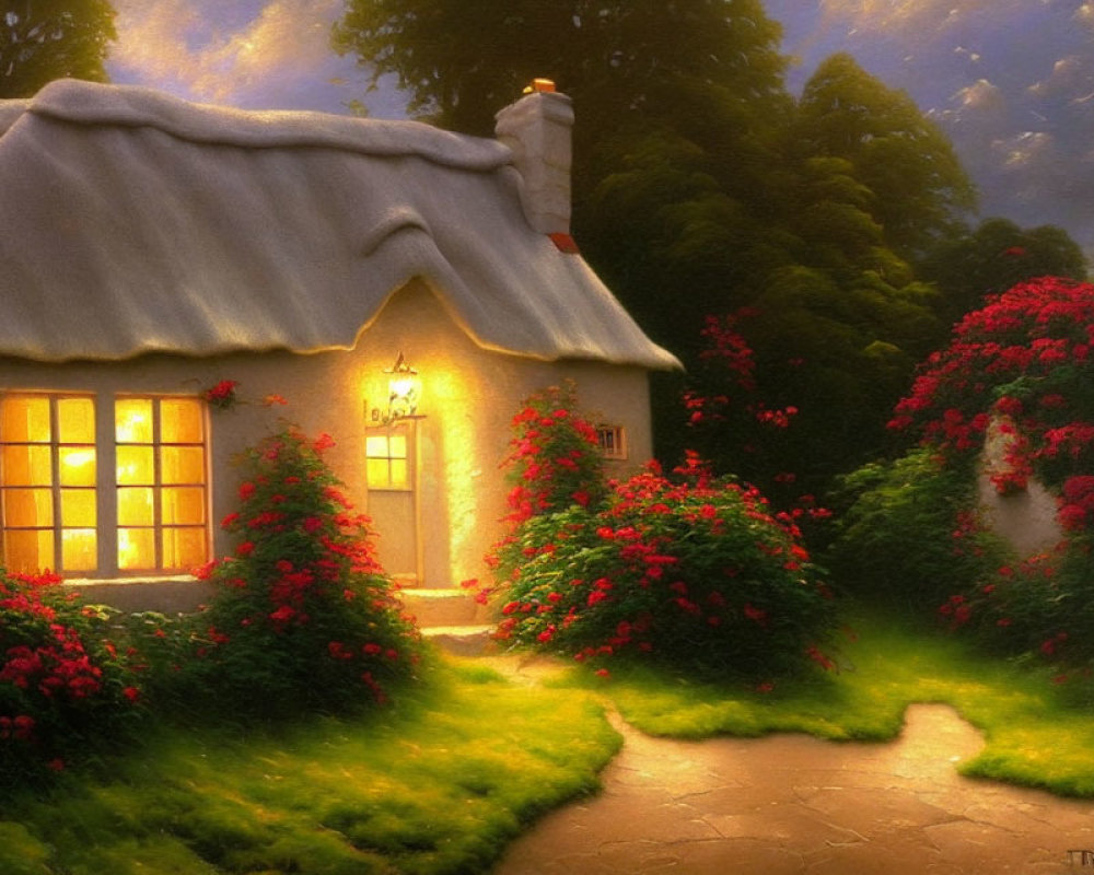 Twilight scene of cozy cottage with warm light and lush flowers