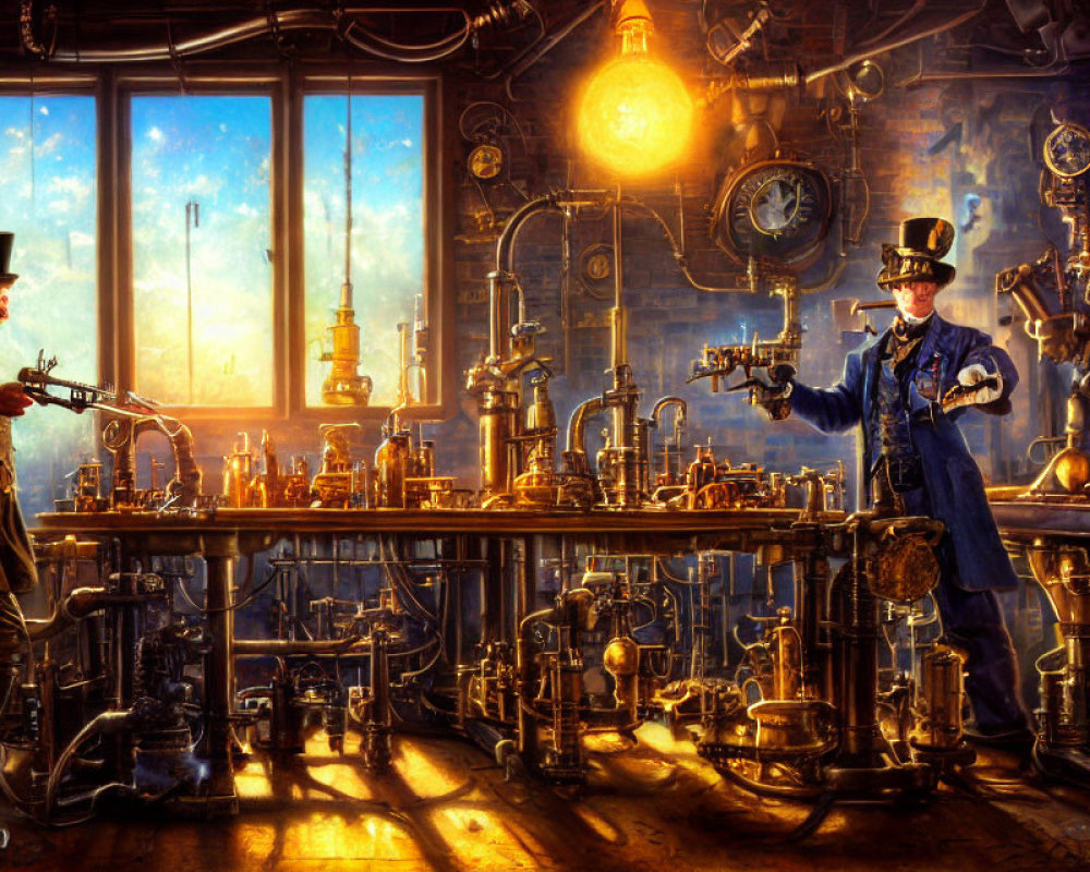 Victorian steampunk workshop scene with two figures and intricate machinery