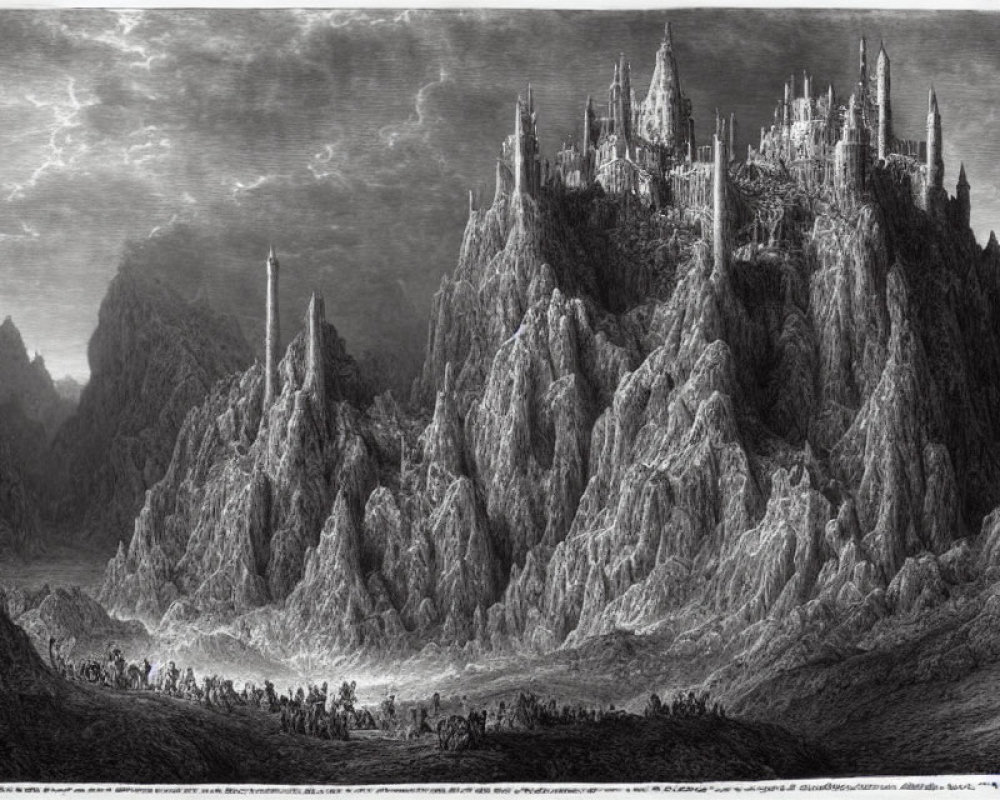 Detailed black and white illustration of a castle on a mountain with figures.