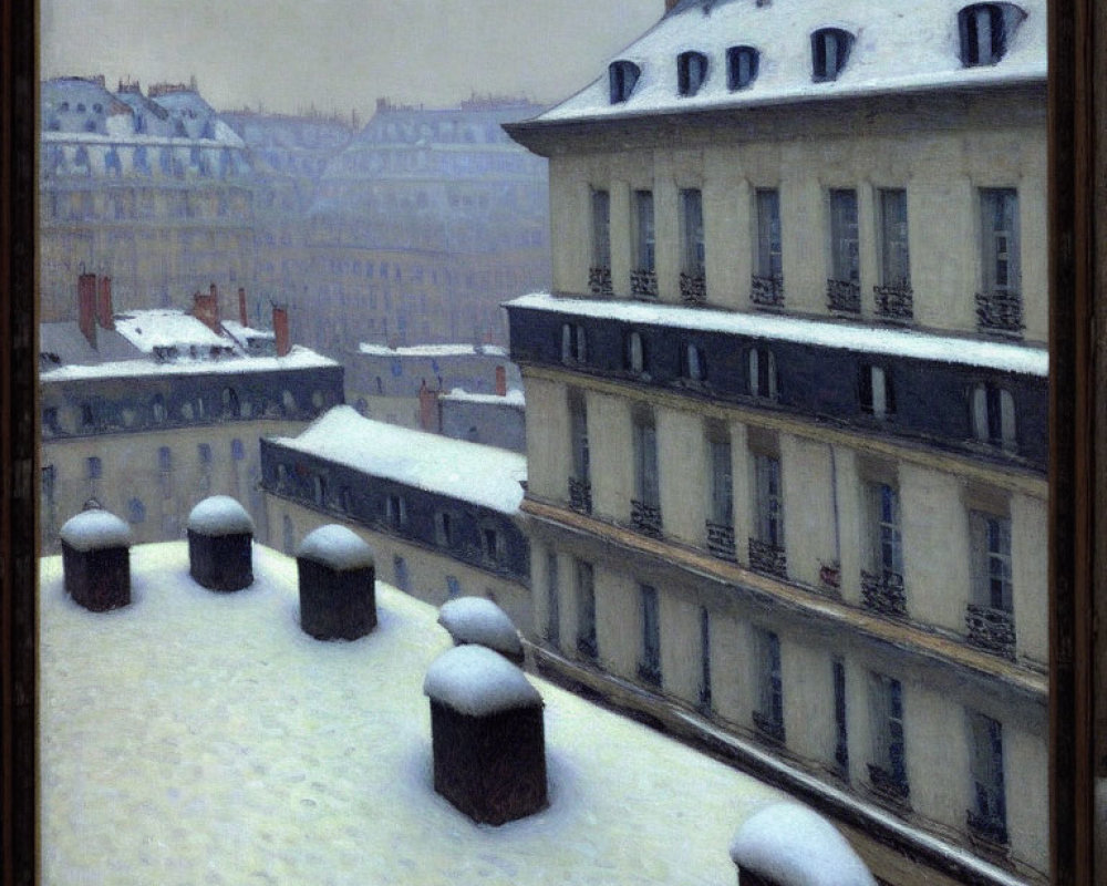 Snowy Parisian Rooftop Scene with Covered Chimney Pots