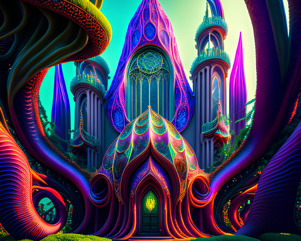 Psychedelic digital artwork of a vibrant, fantastical castle