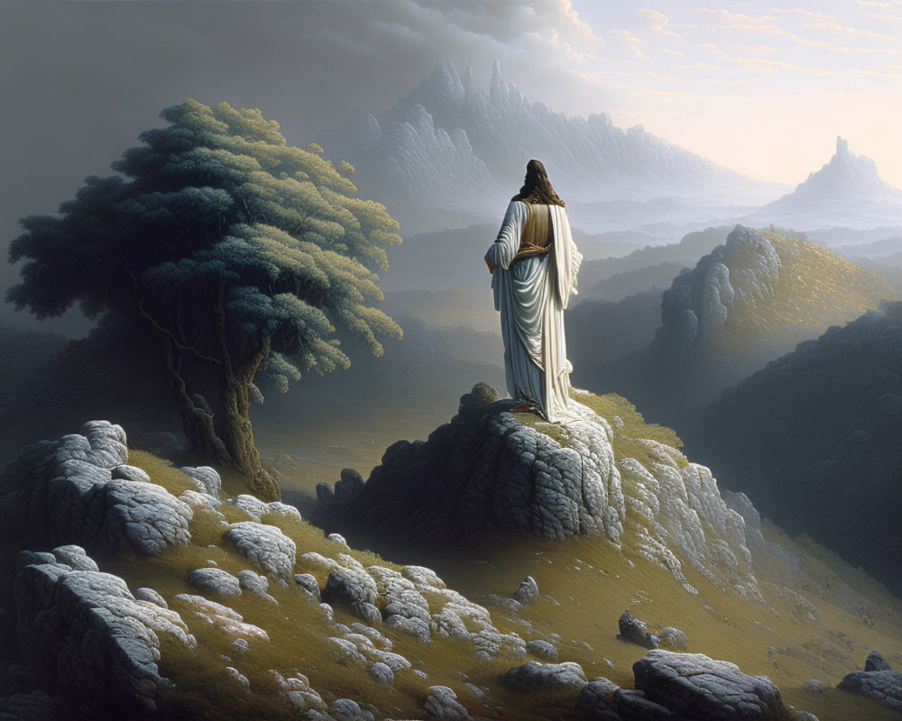 Robed Figure on Rocky Outcrop Overlooking Misty Mountain Landscape