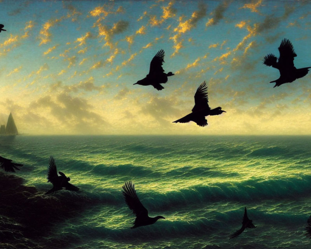 Birds flying over turbulent sea at dramatic sunset with silhouetted cliffs