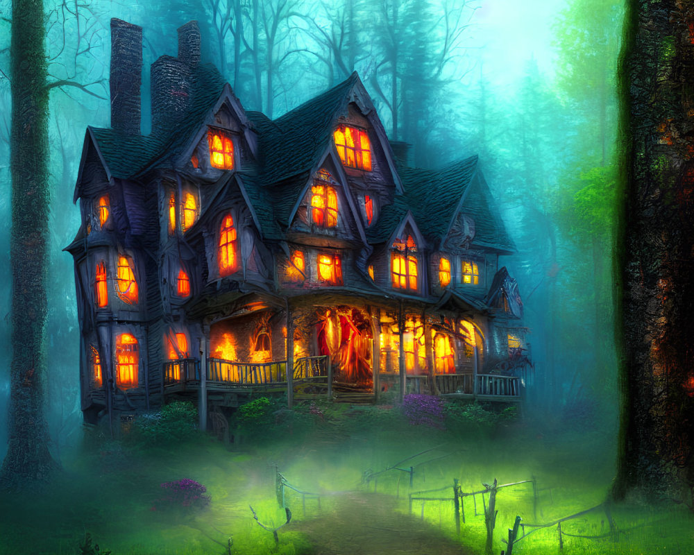 Enchanting multi-story cottage in misty twilight forest