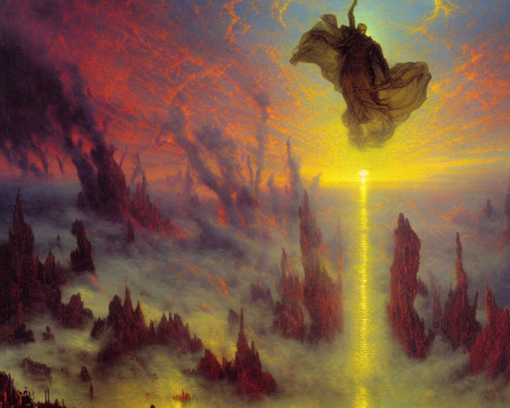 Fantastical painting: Figure in billowing robes over fiery landscape