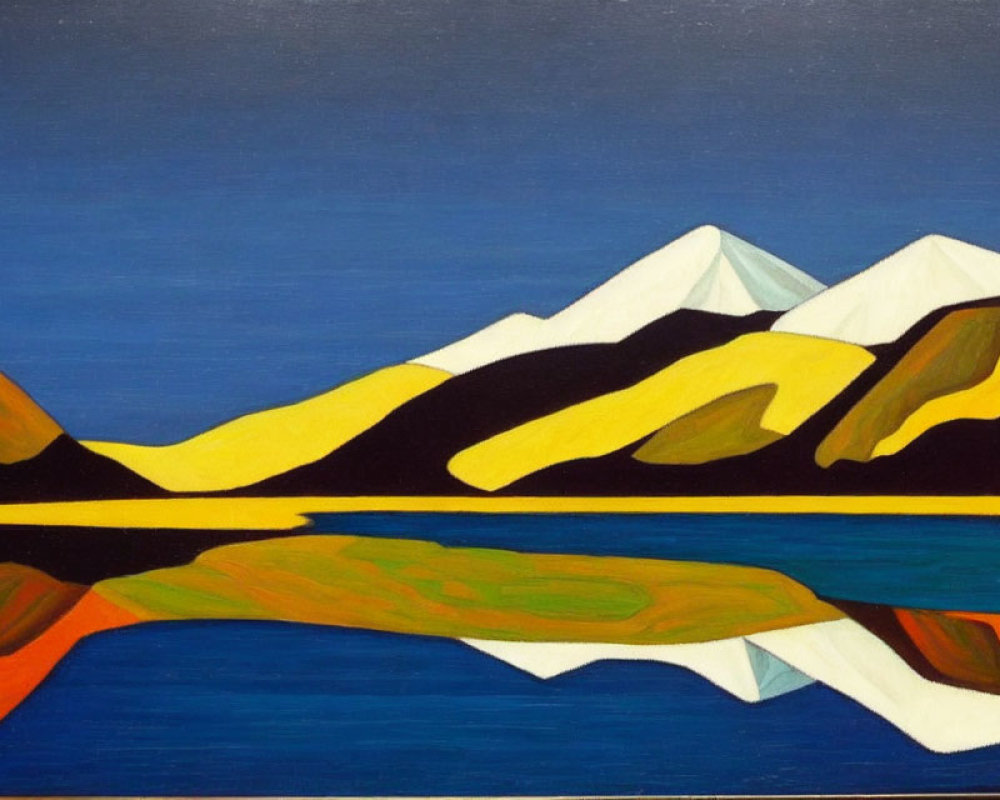 Geometric abstract painting of snowy mountains and colorful reflections on a blue lake